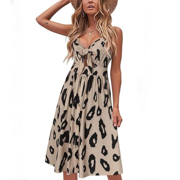 VOTEPRETTY Women’s Summer Sundress V Neck Tie Front Spaghetti Strap Button Down - Picture 1 of 16